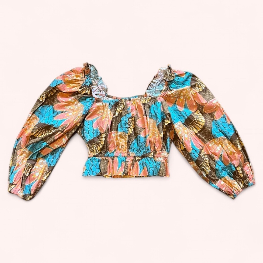 Cleobella Rivera Resort Cotton Puff Sleeve Vibrant Tropical Crop Top NWT Size S - Picture 2 of 5